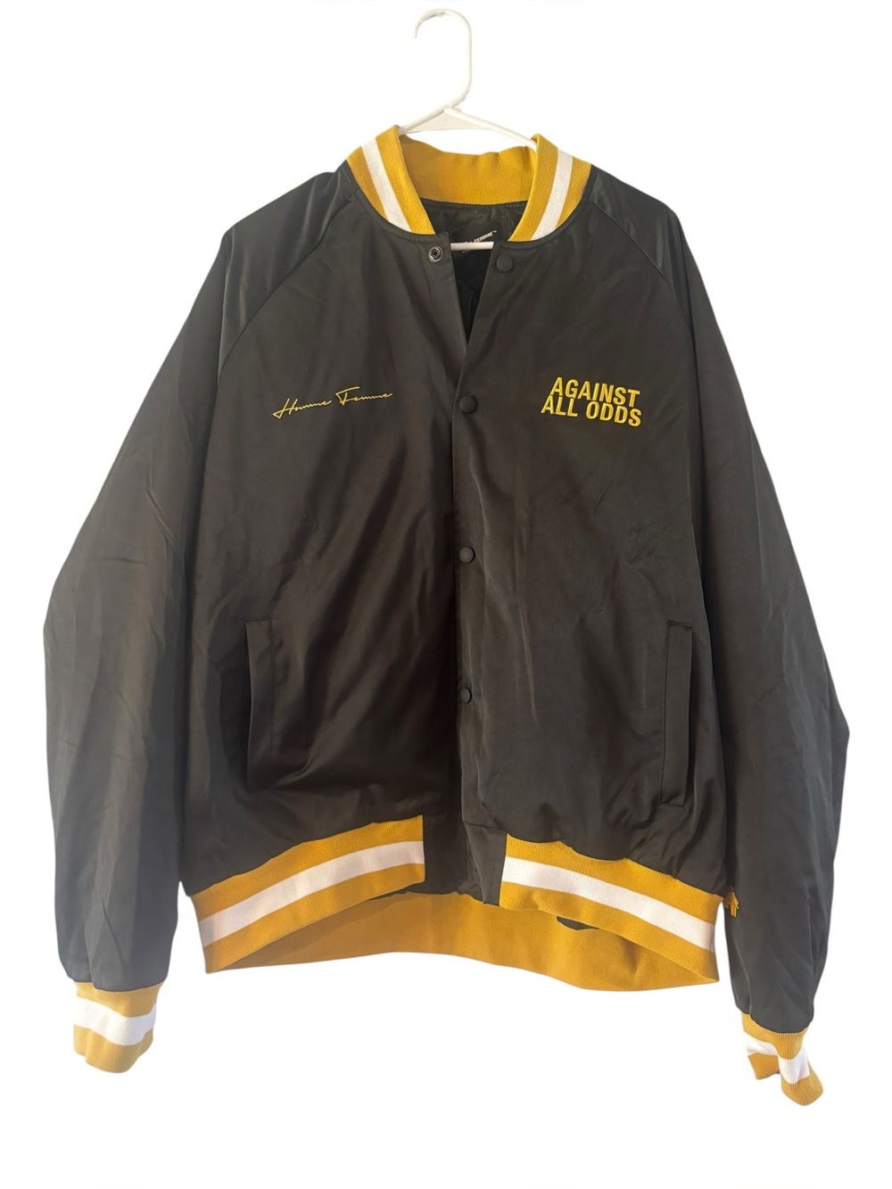 NWT Homme Femme Against All Odds Men’s Black and Yellow Bomber Jacket Size XL